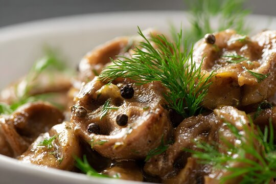 Close-up of steaming hot chitterlings glazed in spicy herb sauce.