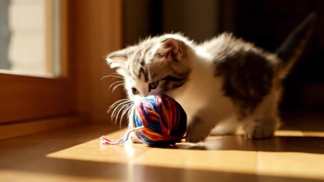 Cute Cat Playing with Red Ball in Home Environment 4K