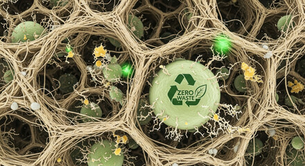 Net zero emissions environment message on green cell surrounded by natural fiber structure promoting zero waste and eco friendly lifestyle