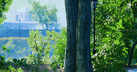 Fototapeta premium A beautiful day unfolds in the park as sunlight filters through vibrant green leaves, casting gentle shadows on the ground. Trees and lanterns create a serene atmosphere.