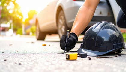 At accident site, a person in gloves marks evidence near a white car with tools. Sunlight filters through nearby trees casting shadows