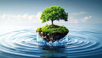 Small, rocky island with vibrant green grass & a lone tree floating in a calm body of water under a slightly cloudy, bright sky