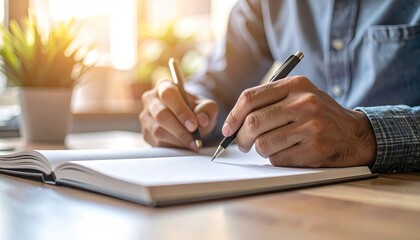 A person in a blue shirt sits at a desk, holding a pen and writing in a notebook, bathed in warm sunlight