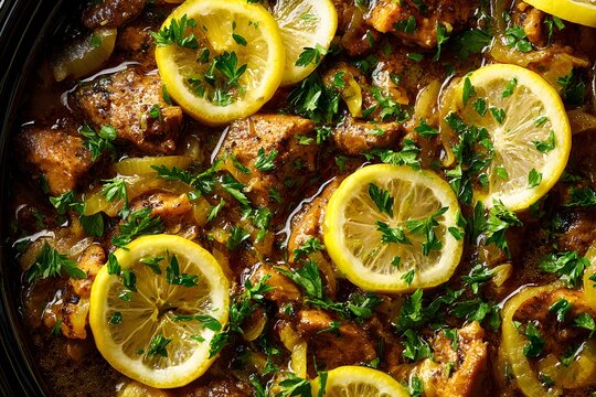 Close-up overhead view of juicy chitterlings with lemon slices and fresh parsley.