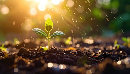 A vibrant green seedling emerges from dark soil, bathed in golden sunlight and gentle rain, symbolizing growth and new beginnings