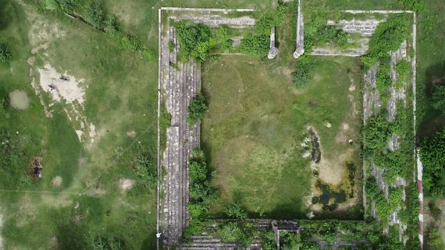 Cinematic Drone Tilt Over Queen Mango Pond in Dongi Sar Village Built in 15th Century for Royal Water Conservation