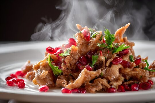Close-up shot of juicy chitterlings piled on white plate with pomegranate and herbs.
