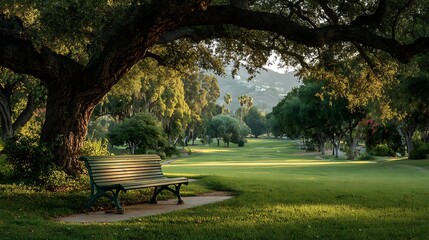 Tranquil wide park with single bench under tree, vast empty grass field for lifestyle advertising, wellness concepts, outdoor relaxation, nature promotion, and serene horizontal mockup templates.