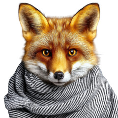 Fototapeta premium Adorable Fox with Striped Scarf in a Cozy Pose, Captivating Expression and Stunning Fur Texture