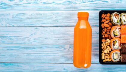 Overhead view of sushi and almonds in a black container with a bright orange juice bottle on light blue wood planks