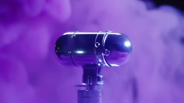 Close-up of a metallic, oblong object against a backdrop of vibrant purple smoke