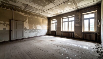 Light floods into a derelict, peeling-paint room. Wooden floors, three windows, an old door, and damaged walls define the space's past