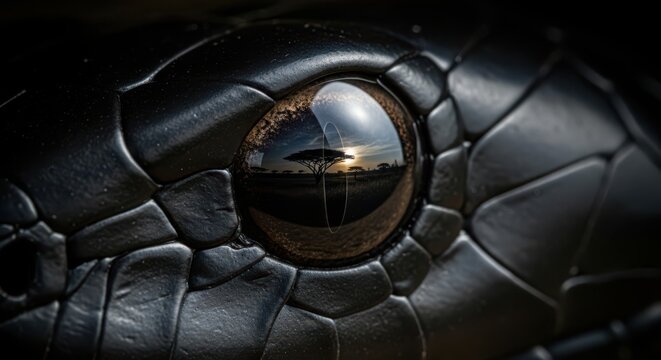 Extreme closeup of a black mamba snakes eye, reflecting a sunset with a tree in the distance