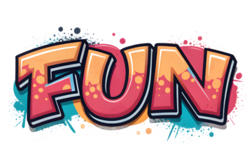 Graffiti style lettering spelling out the word fun with vibrant colors and spray paint splatters