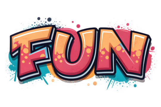 Graffiti style lettering spelling out the word fun with vibrant colors and spray paint splatters