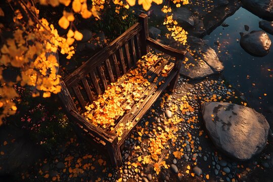 Autumn Stream-side Wooden Chair: Serene Natural Scene with Yellow Leaves and Warm Light