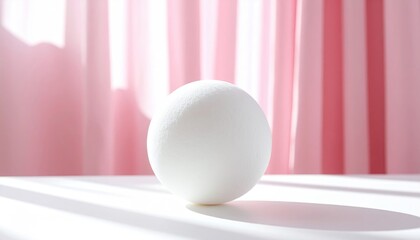 A white sphere sits on a white surface against a backdrop of pink striped fabric, basking in the light. Minimalist composition