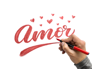 Hand writing the word amor with red chalk and hearts on black background