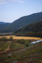 Below the mountain, the yellow fields of a rural village spread out.