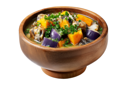 Papua New Guinea Taro and Sweet Potato Stew, thick stew of root vegetables and leafy greens, isolated on white transparent background. Concept of healthy natural food