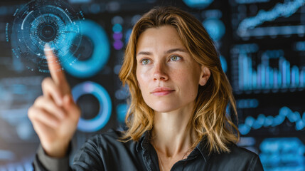 Woman interacts with digital interface, showcasing data visualization and technology. Her focused expression reflects engagement and curiosity in modern workspace