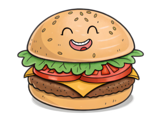 Happy cartoon burger with cheese lettuce and tomato