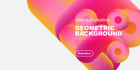 Vibrant abstract shapes, pinks, purples dominate design. Text present, button visible. Modern, geometric aesthetic.