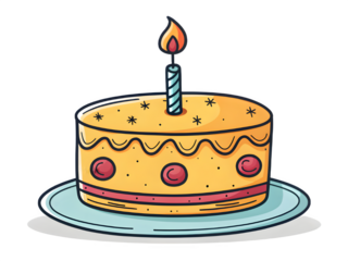 Hand drawn illustration of a birthday cake with a lit candle on a plate