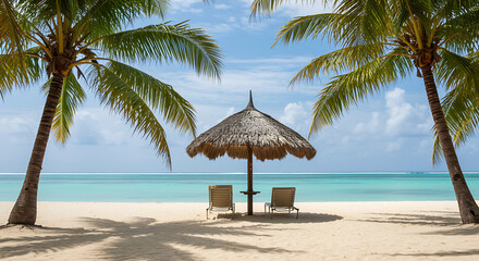 Idyllic tropical paradise beach with two empty sun loungers under a straw parasol between palm trees overlooking the calm turquoise sea