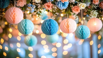 Festive scene with colorful honeycomb decorations and floral garlands against a blurred bokeh background of warm lights, creating a cheerful, celebratory ambiance