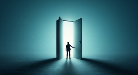 A silhouetted man stands before an open door emitting bright light The setting is a dark bluish room