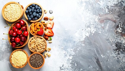 Bowls of colorful seeds, nuts, fruits, and grains on a textured gray surface, showcasing healthy food choices and vibrant hues