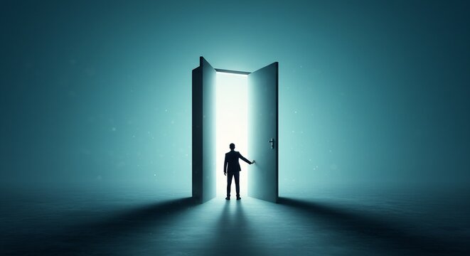 A silhouetted man stands before an open door emitting bright light The setting is a dark bluish room