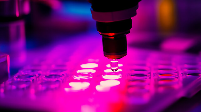 Precision Dropper Dispensing Liquid into Microplate Wells Under UV Light