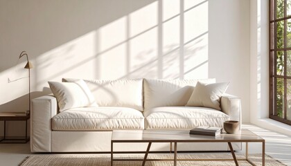 Sunlight streams across a cozy living room featuring a cream-colored sofa, wooden coffee table, and a view of lush greenery outside a window