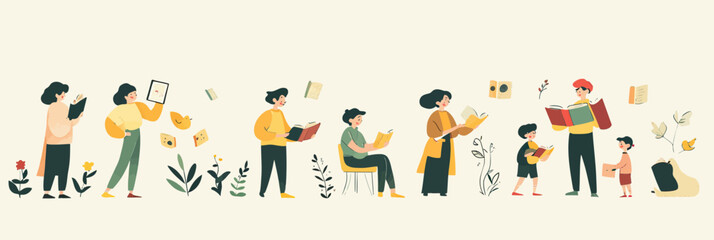 Diverse group of people reading and sharing books outdoors with plants and flowers flat minimalist vector illustration