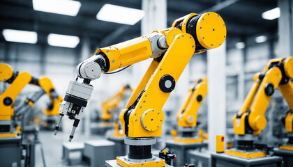 yellow industrial robotic arms working in modern factory assembly line with blurred background