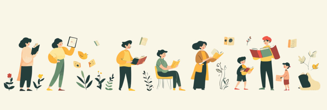 Diverse group of people reading and sharing books outdoors with plants and flowers flat minimalist vector illustration