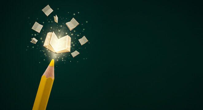 A yellow pencil points upwards with glowing books floating above on a dark teal background - Powered by Adobe