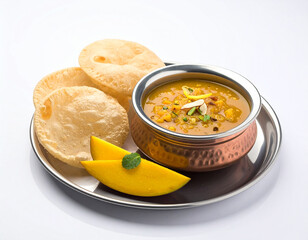 Aam ras served with puri and slice of mango and tray on white background