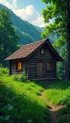 Fototapeta premium Rustic wooden hut nestled in a serene, lush green landscape Perfect for projects needing a tranquil, nature-inspired background Ideal for travel, adventure, or fairytale themes , hut, background