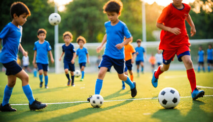 Obraz premium selective focus blur of group of young boys in colorful uniforms chasing soccer balls on sunny field
