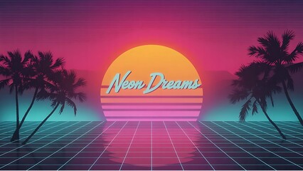 Retro 80s synthwave sunset with palm trees and grid landscape reflecting vibrant neon colors and a stylized text overlay