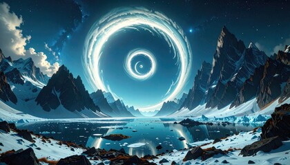 A serene landscape with jagged mountains surrounding a glacial lake, illuminated by a celestial, swirling vortex in the sky