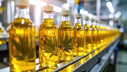 Rows of clear glass bottles filled with golden liquid and cannabis leaf, on conveyor belt, ready for distribution in a production plant, bright light