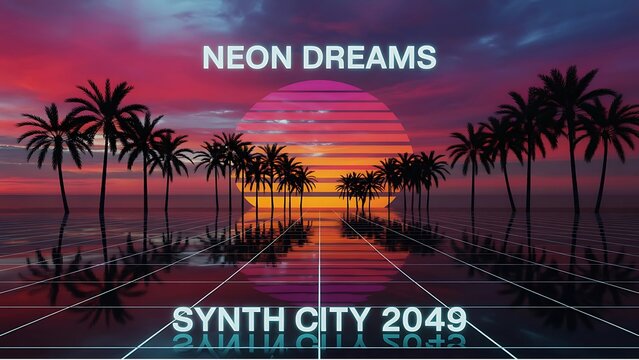 Vibrant neon lights illuminate a tropical beach scene with silhouetted palm trees reflecting in the water under a dramatic sunset sky