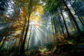 Obraz premium 14. Misty autumn morning in a dense forest, beams of light breaking through colorful leaves 