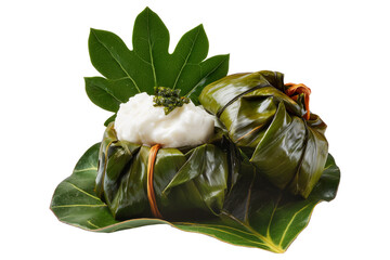 Palusami coconut cream wrapped in taro leaves and baked on a wooden bowl, isolated on white transparent background. Concept of Polynesian Cuisine