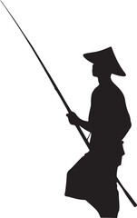 Naklejka premium The silhouette depicts a person wearing a conical hat, holding a long fishing rod, suggesting a scene of traditional fishing in a peaceful, serene setting.