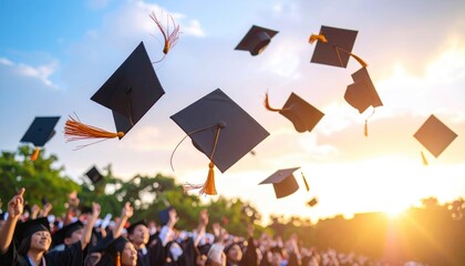 Caps thrown in the air by graduates at sunset, celebrating academic achievement beneath a bright sky